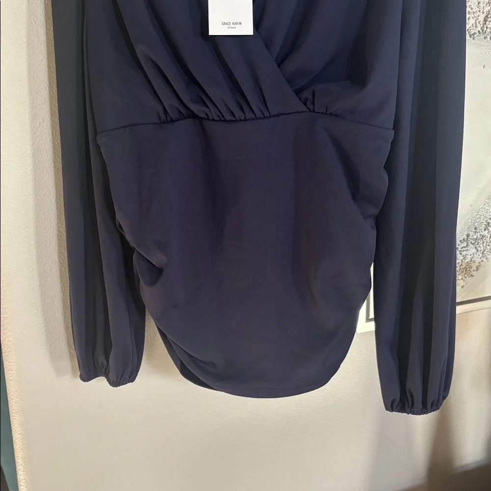 Nwt Grace Karin Deep Blue V-Neck Blouse - Picture 5 of 5